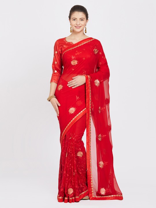 Red Embroidered Poly Georgette Saree