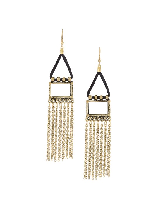 Gold-Toned Tasselled Geometric Drop Earrings