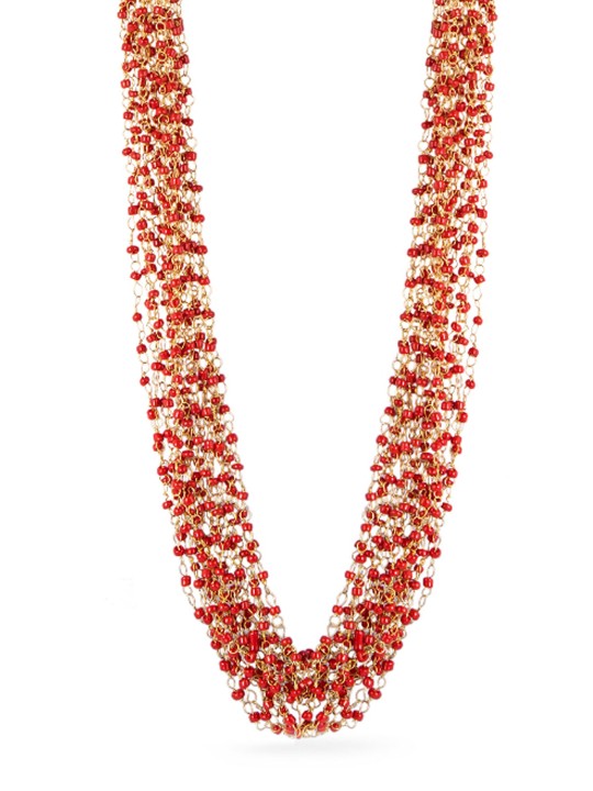 Gold-Plated and Red Beaded Multistranded Necklace