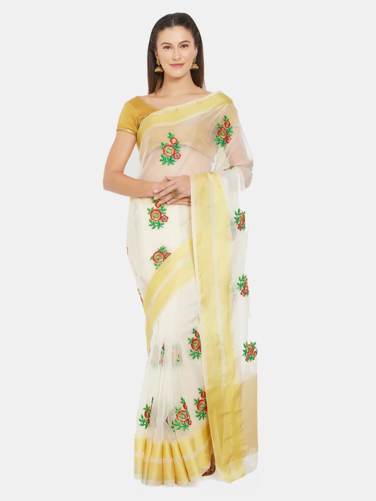 Off-White & Yellow Viscose Rayon Embroidered Saree