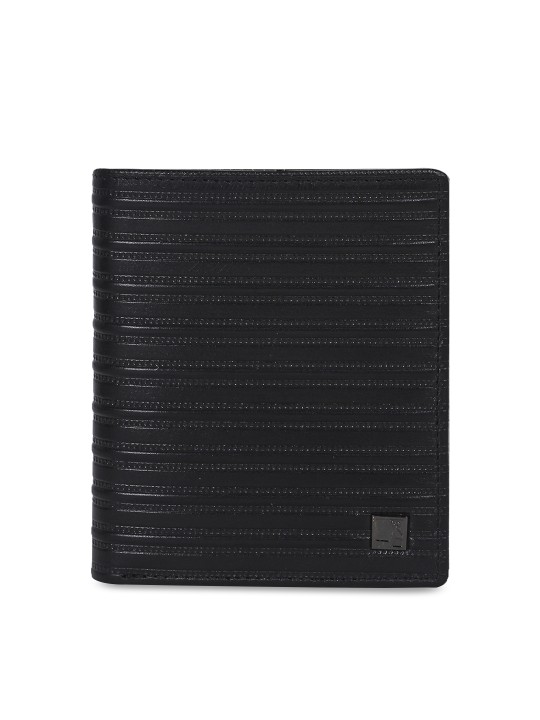 Men Black Self Design Two Fold Leather Wallet