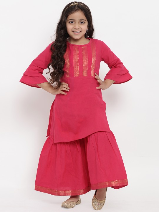 Girls Pink Self Design Kurta with Palazzos 3-4Y