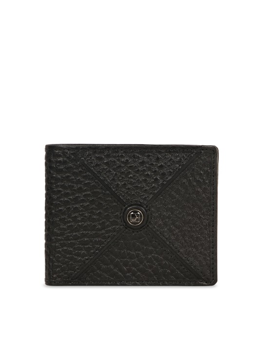 Men Black Self Design Leather Two Fold Wallet