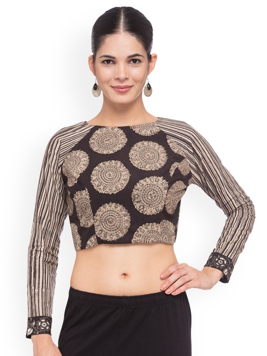 Women Black Printed Saree Blouse XS