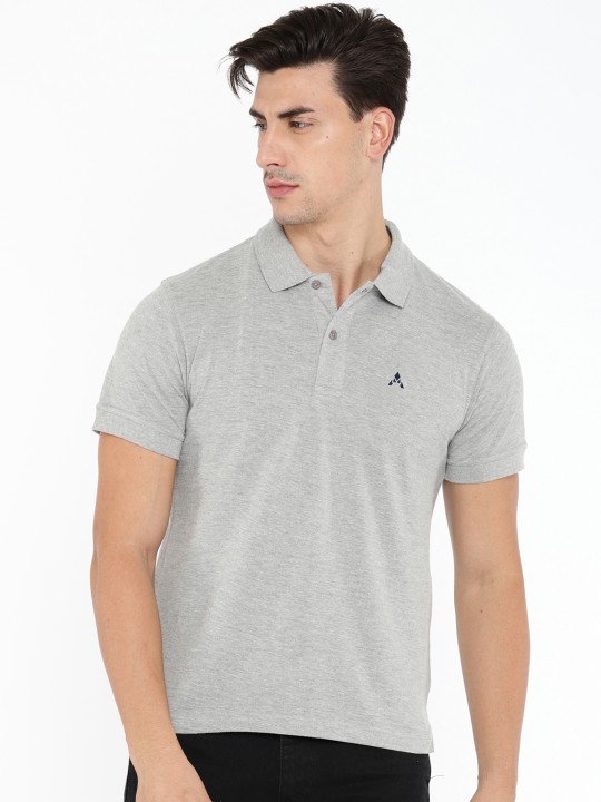 Men Grey Melange Solid Polo Collar T-shirt S