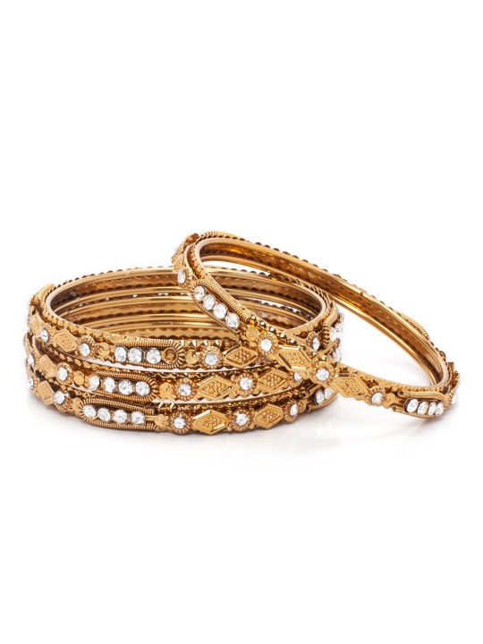 Antique Set of 4 Gold-Toned Traditional Embellished Bangles CZ-Stones