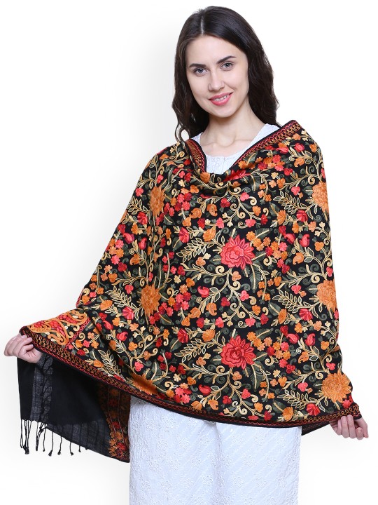 Women Multicoloured Woollen Floral Embroidered Shawl
