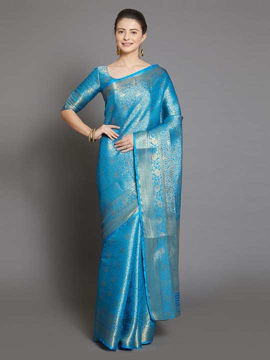 Blue Silk Blend Woven Design Kanjeevaram Saree