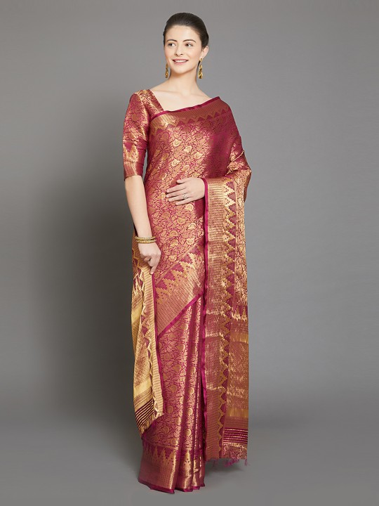 Magenta & Gold-Toned Silk Blend Woven Design Kanjeevaram Saree