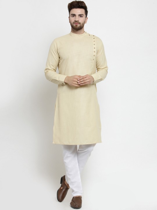 Men Beige & White Solid Linen Kurta with Pyjamas S