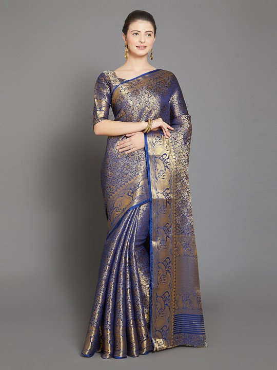 Navy Blue & Gold-Coloured Silk Blend Woven Design Kanjeevaram Saree
