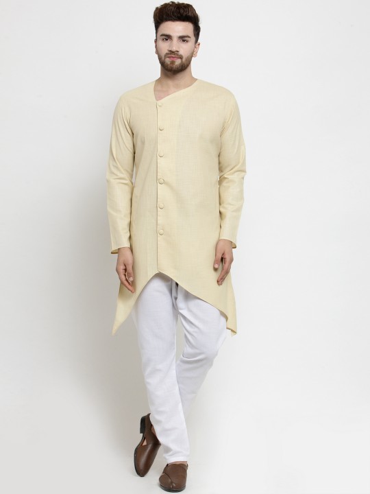 Men Beige & White Solid Linen Kurta with Pyjamas S