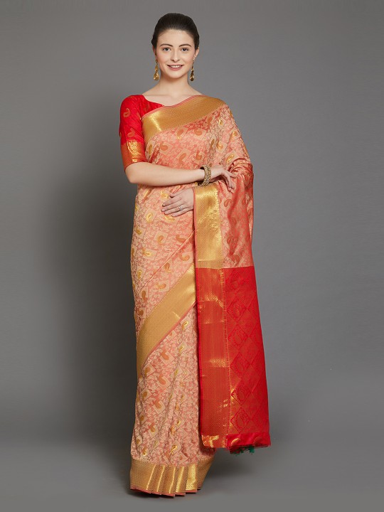 Beige & Peach-Coloured Silk Blend Woven Design Kanjeevaram Saree