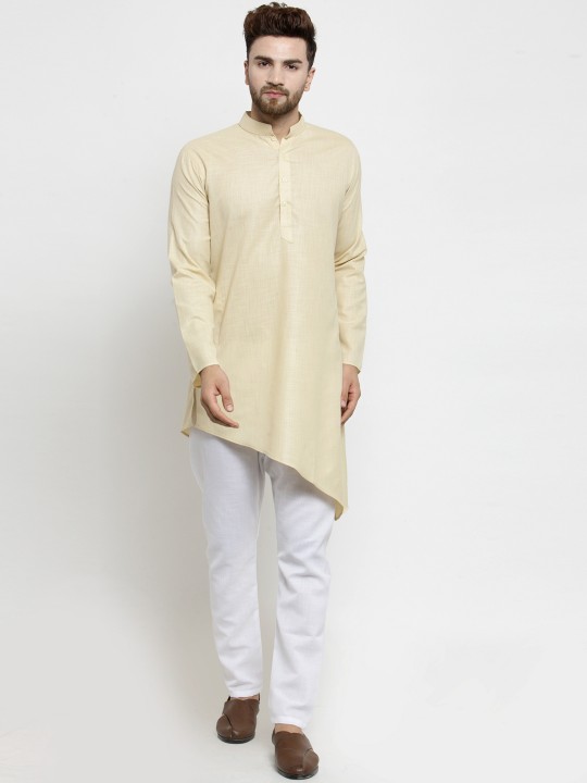 Men Beige & White Solid Kurta with Pyjamas S
