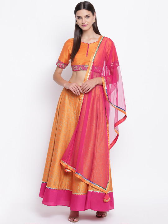 Orange & Pink Woven Design Ready to Wear Hand Block Printed Lehenga Choli