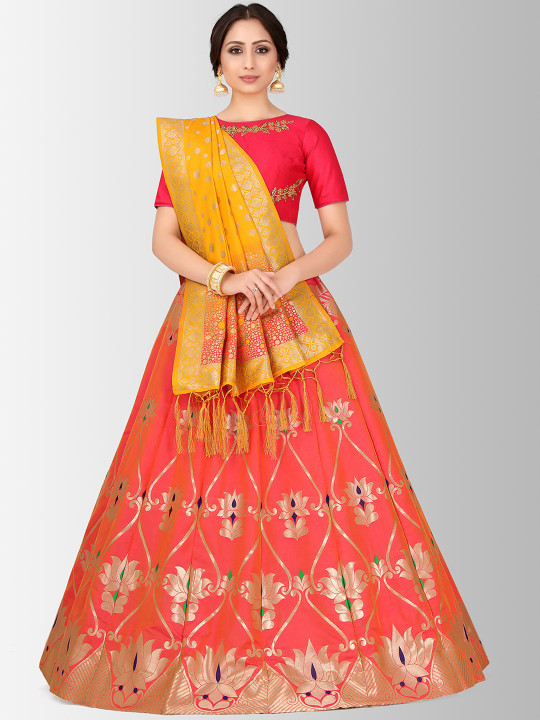 Pink & Yellow Embroidered Semi-Stitched Bridal Lehenga & Blouse with Dupatta