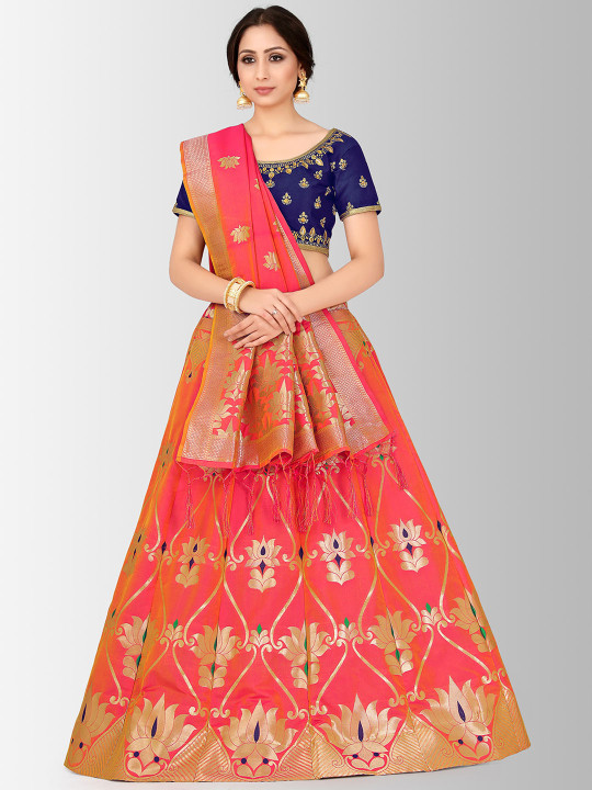 Navy Blue & Coral-Pink Semi-Stitched Bridal Lehenga & Blouse with Dupatta