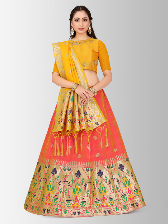 Yellow & Coral Embroidered Semi-Stitched Lehenga & Blouse with Dupatta