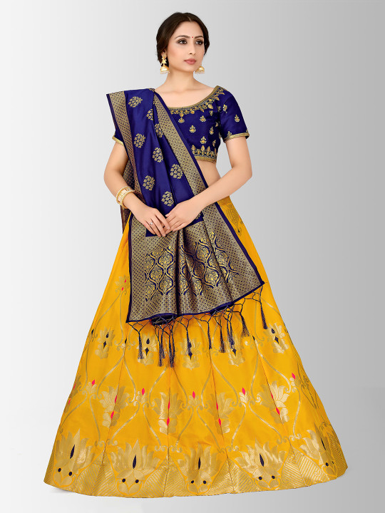 Navy Blue & Yellow Embroidered Semi-Stitched Bridal Lehenga & Blouse with Dupatta