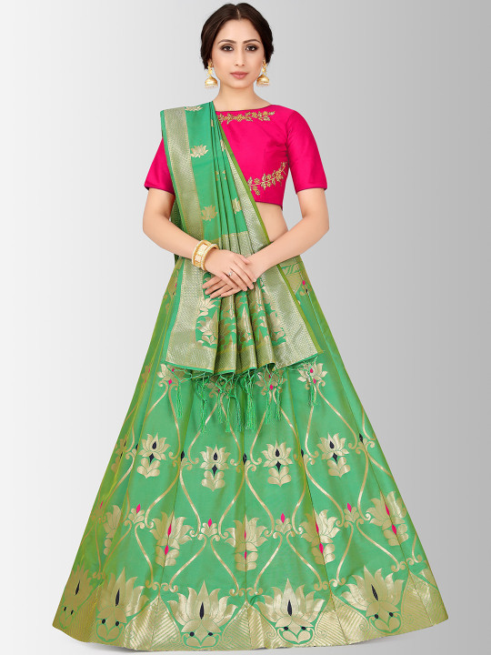 Green & Pink Embroidered Semi-Stitched Bridal Lehenga & Blouse with Dupatta