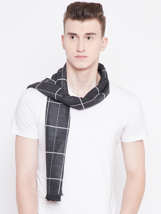 Alvaro Castagnino Men Grey & White Checked Muffler