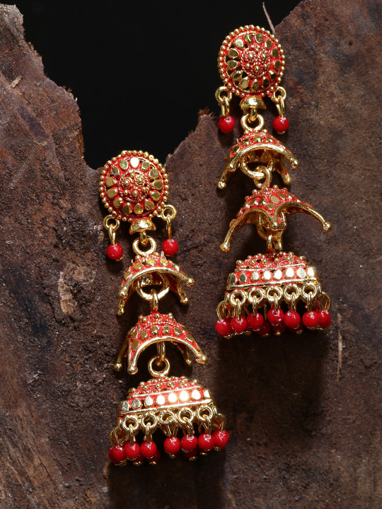 ANIKAS CREATION Gold plated Red Dome Shaped Enamelled Jhumkas