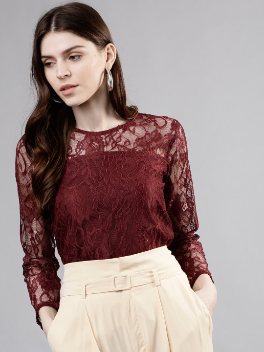 Tokyo Talkies Women Maroon Self Design Top