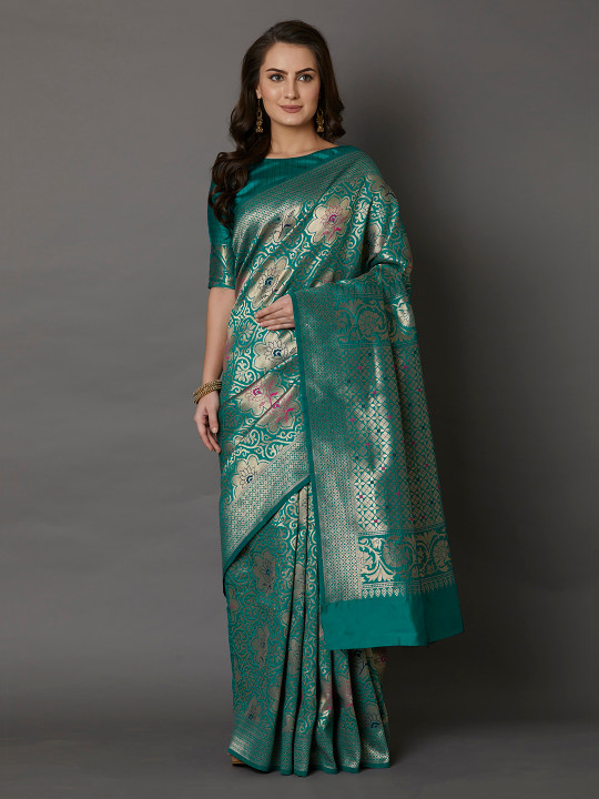 Mitera Teal Green Silk Blend Woven Design Banarasi Saree