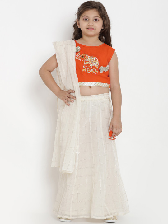 Girls Off-White & Orange Solid Ready to Wear Lehenga & Blouse with Dupatta