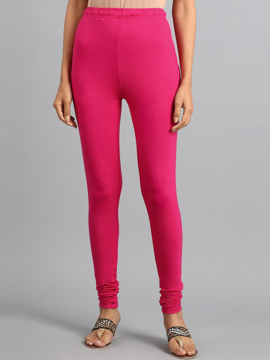 Women Pink Solid Knitted Churidar-Length Leggings