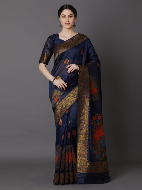 Mitera Navy Blue & Gold-Coloured Silk Blend Woven Design Banarasi Saree