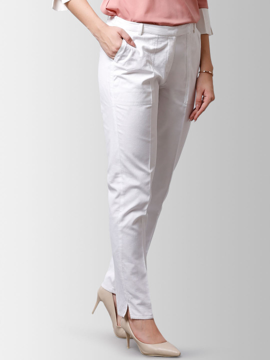 FABLE STREET Women White Straight Fit Solid Linen Blend Formal Trousers