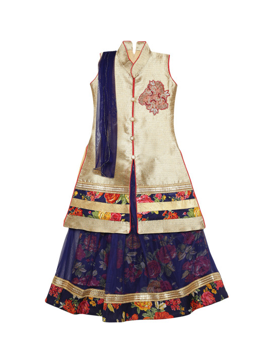 Navy Blue & Red Embroidered Ready to Wear Lehenga & Blouse with Dupatta