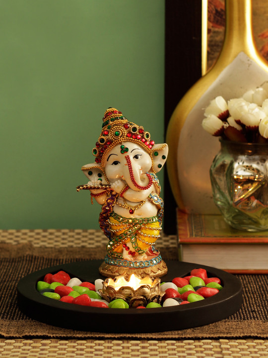 TIED RIBBONS Cream-Coloured & Yellow Ganesh Idol Playing Bansuri Showpiece