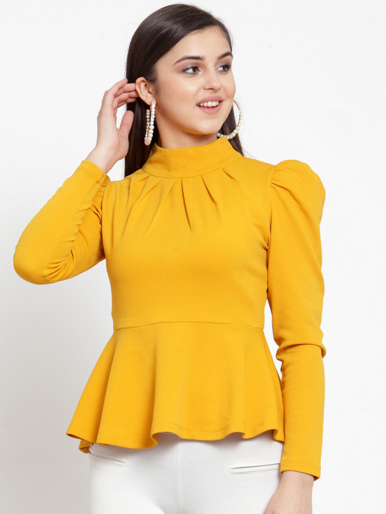 KASSUALLY Women Mustard Yellow Solid Peplum Top