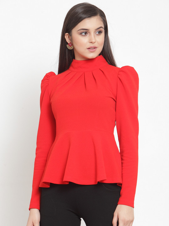 KASSUALLY Women Red Solid Peplum Top