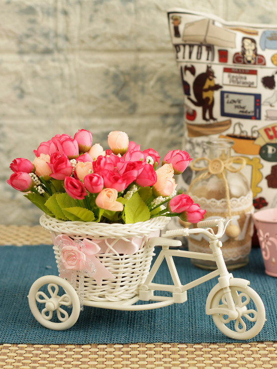 TIED RIBBONS Set of 2 Pink & White Artificial Flower Bunches With Vase