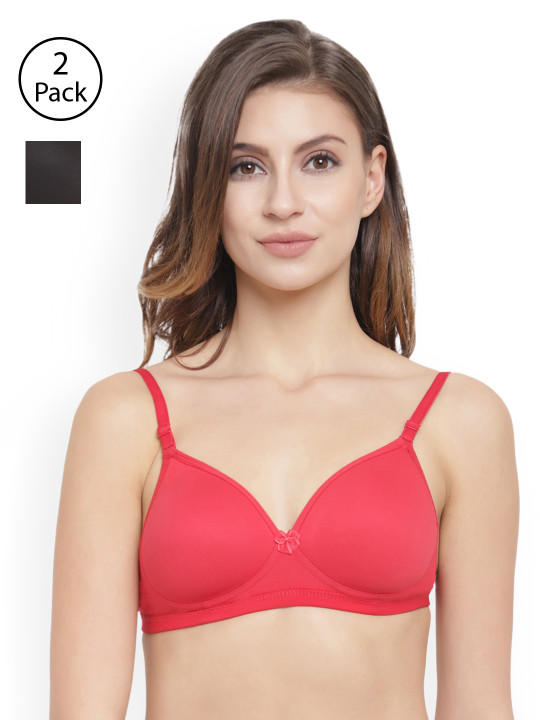 Floret Pack Of 2 Red & Black Solid Non-Wired Lightly Padded T-shirt Bra
