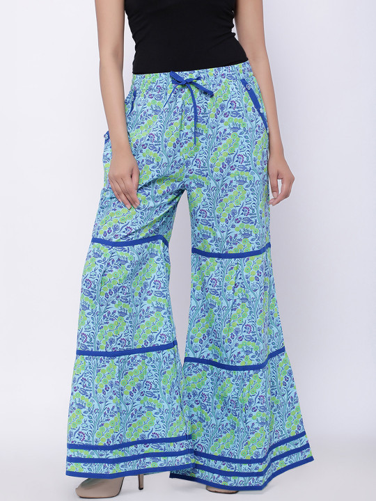 SOUNDARYA Women Turquoise Blue & Green Printed Flared Palazzos