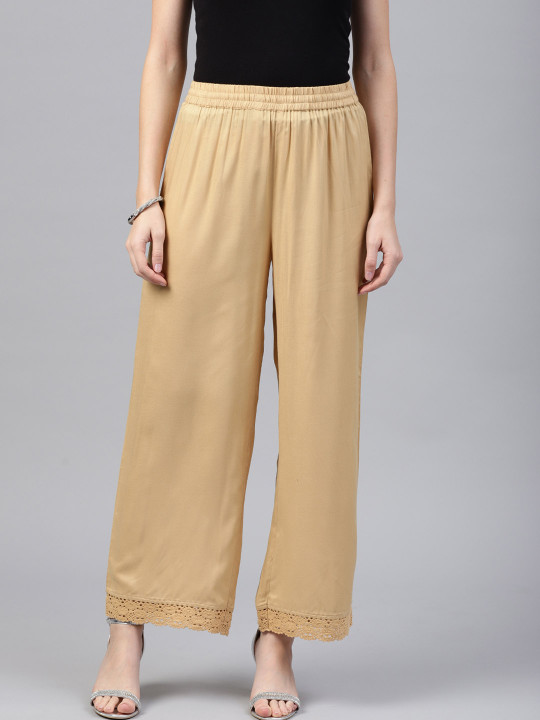 Juniper Women Beige Solid Wide Leg Palazzos