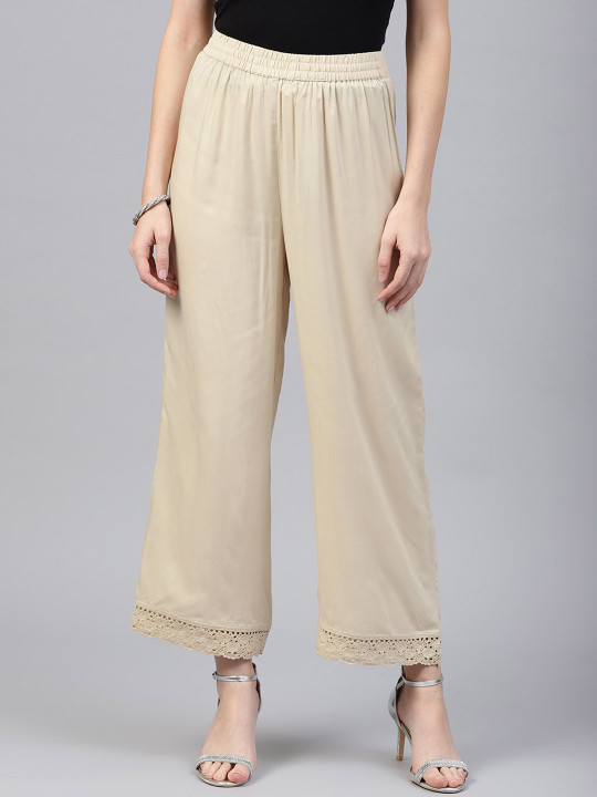 Juniper Women Beige Solid Wide Leg Palazzos