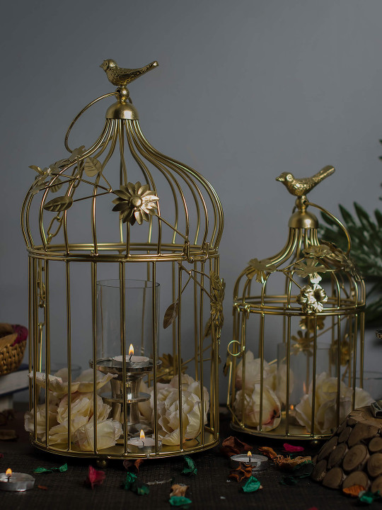Homesake Gold-Toned Set of 2 Hand-Crafted Bird Cage Showpiece with Hanging Chain