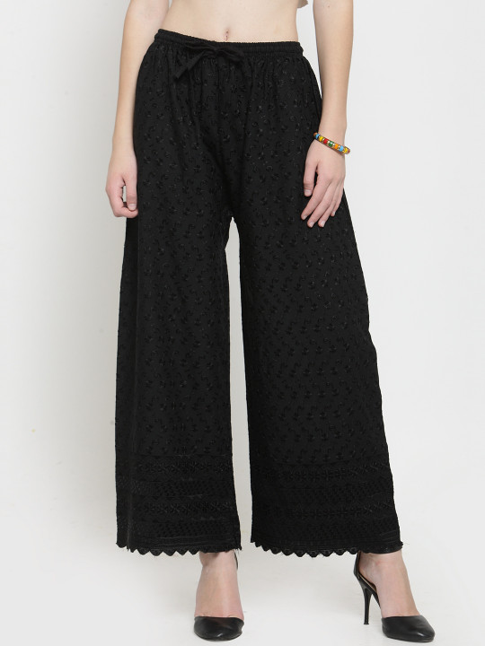 Clora Creation Women Black Straight Embroidered Palazzos