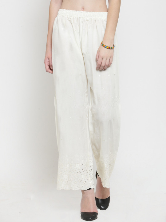 Clora Creation Women Off-White Self Design Straight Palazzos