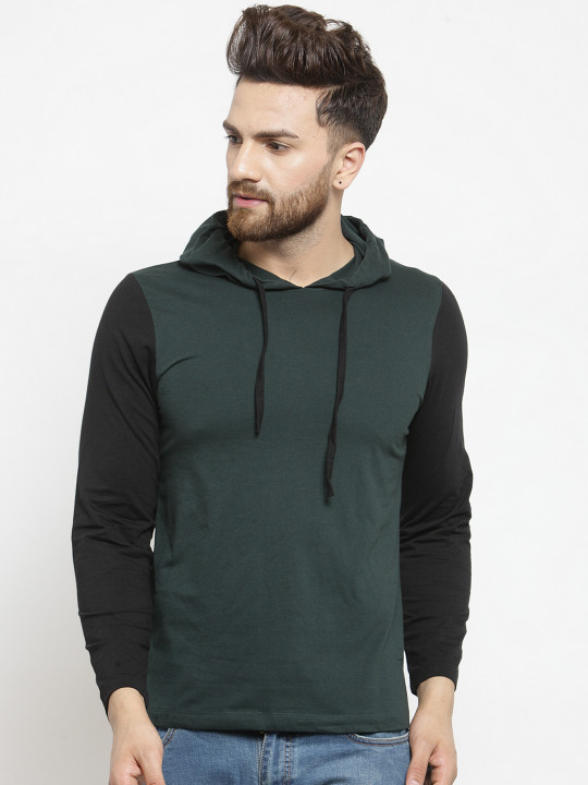 Kalt Men Green Solid Hood T-shirt
