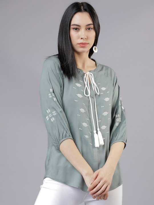 Tokyo Talkies Women Olive Green Printed A-Line Top