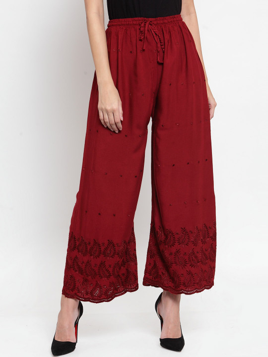 Clora Creation Women Maroon Embroidered Chikankari Straight Palazzos