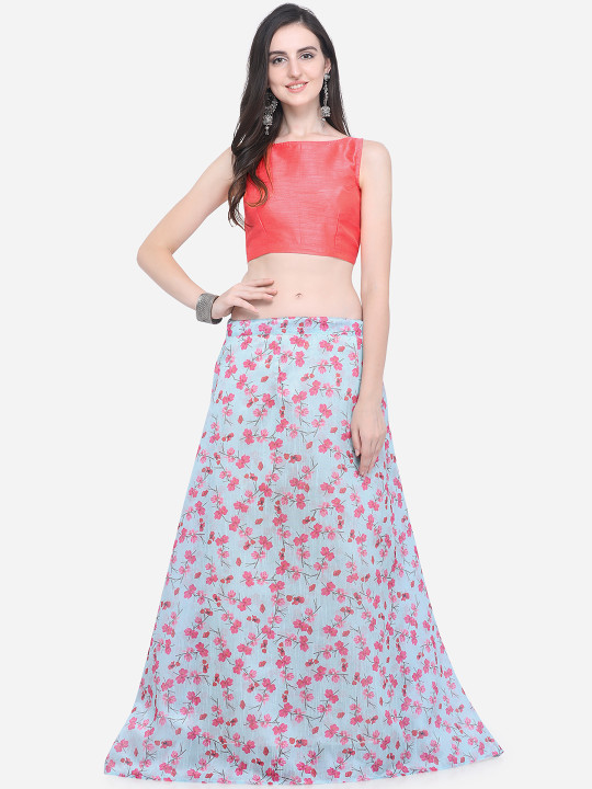 Blue & Coral Red Floral Print Bhaghalpuri Silk Lehenga with Unstiched Choli