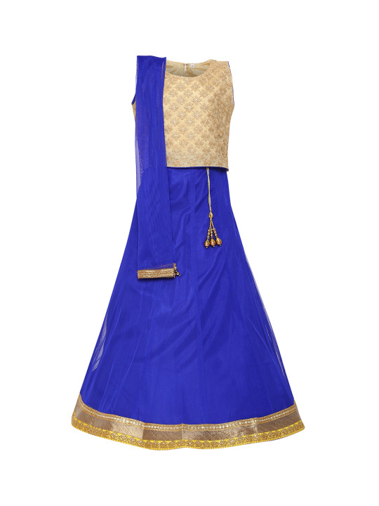 Girls Beige & Blue Embroidered Ready to Wear Pattu Pavadai with Dupatta