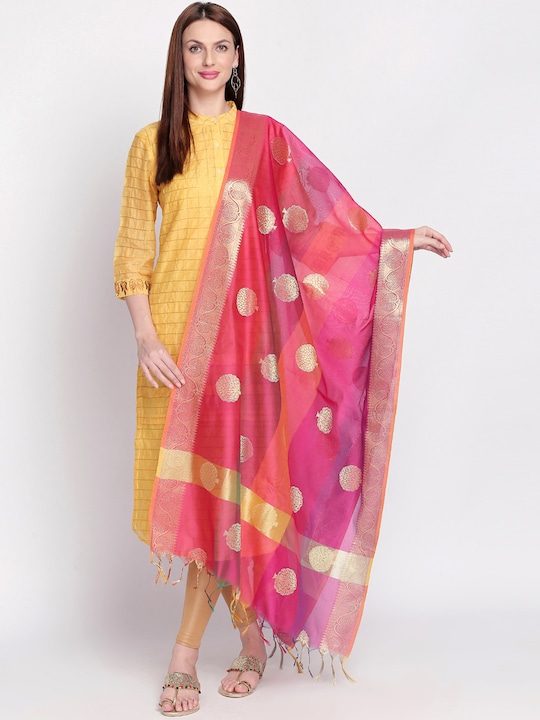 Pink & Orange Banarasi Woven Design Dupatta
